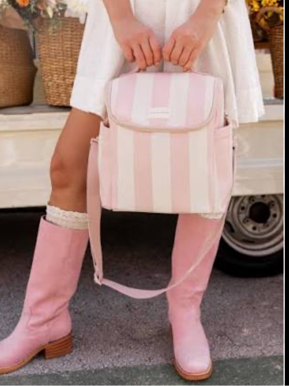 Poppy & Peonies Pink and White Striped Lunch Bag with shoulder strap
